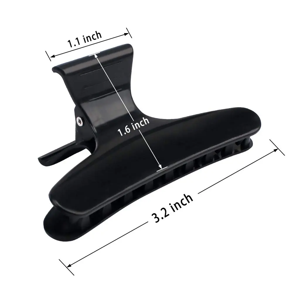 This image shows a 12 pack of black butterfly hair clips designed for styling, sectioning and coloring hair in a salon or at home, featuring a strong grip and durable plastic construction.