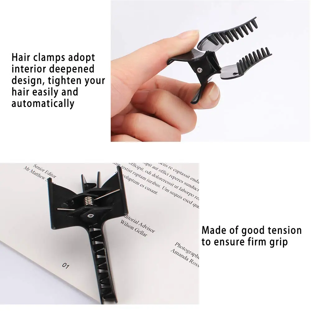 This image shows a 12 pack of black butterfly hair clips designed for styling, sectioning and coloring hair in a salon or at home, featuring a strong grip and durable plastic construction.