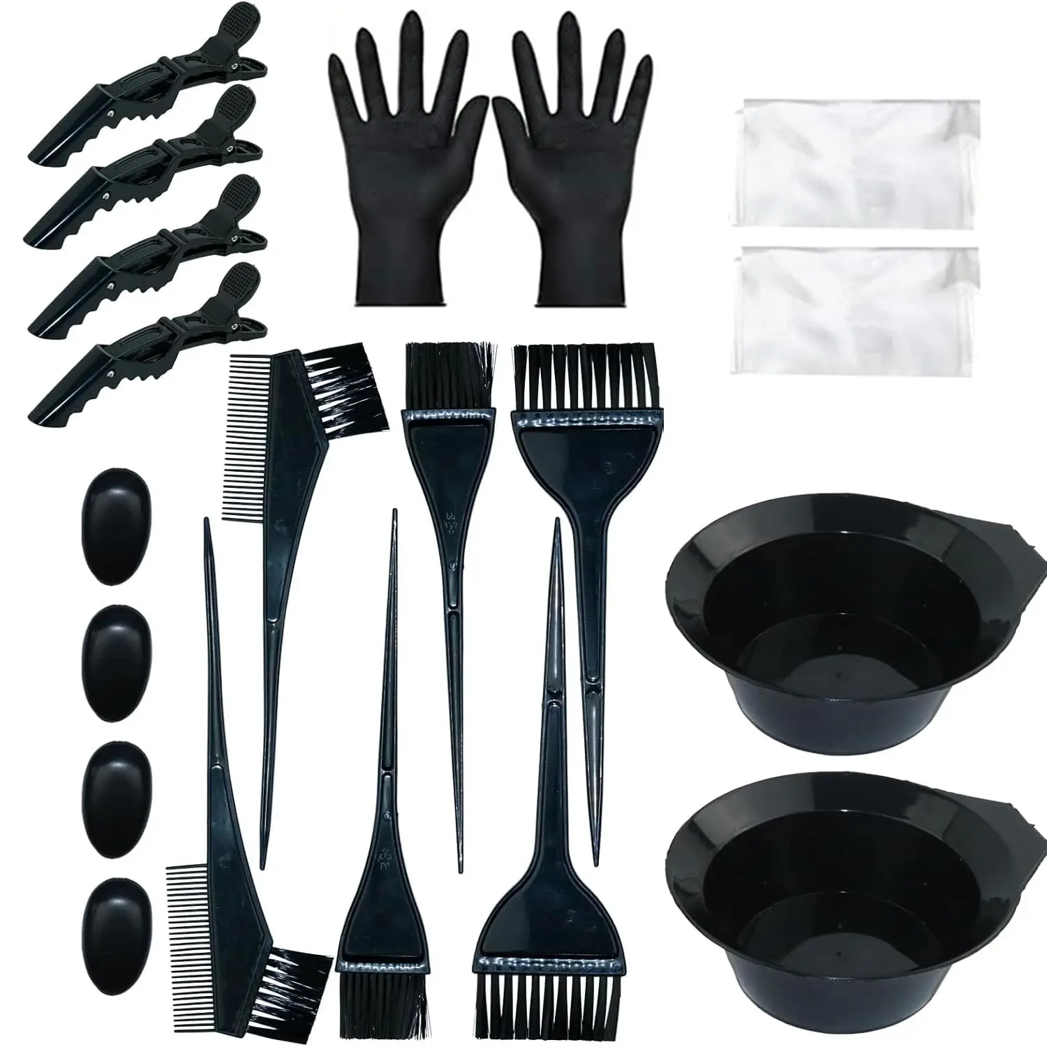 This 20-piece hair coloring kit includes reusable mixing bowls, brushes, clips, gloves, and shawls suitable for all hair types and DIY or salon use.