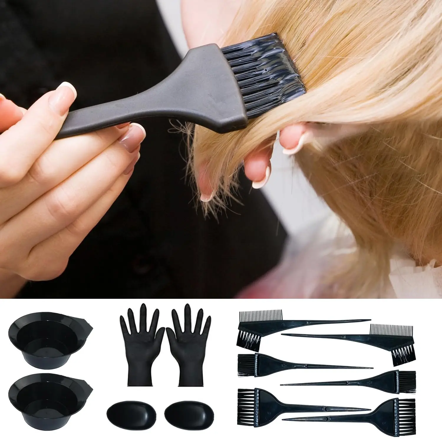 This 20-piece hair coloring kit includes reusable mixing bowls, brushes, clips, gloves, and shawls suitable for all hair types and DIY or salon use.
