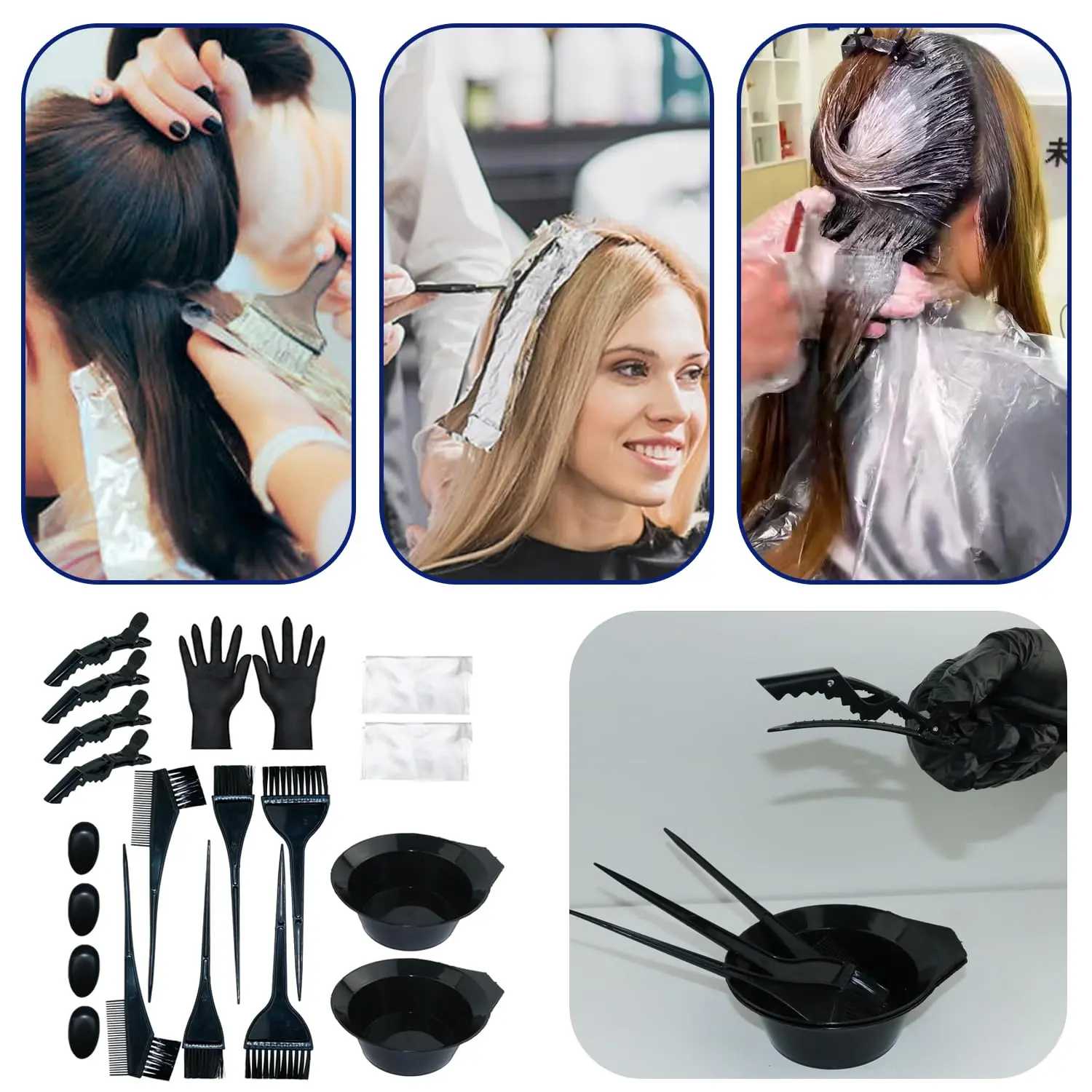 This 20-piece hair coloring kit includes reusable mixing bowls, brushes, clips, gloves, and shawls suitable for all hair types and DIY or salon use.