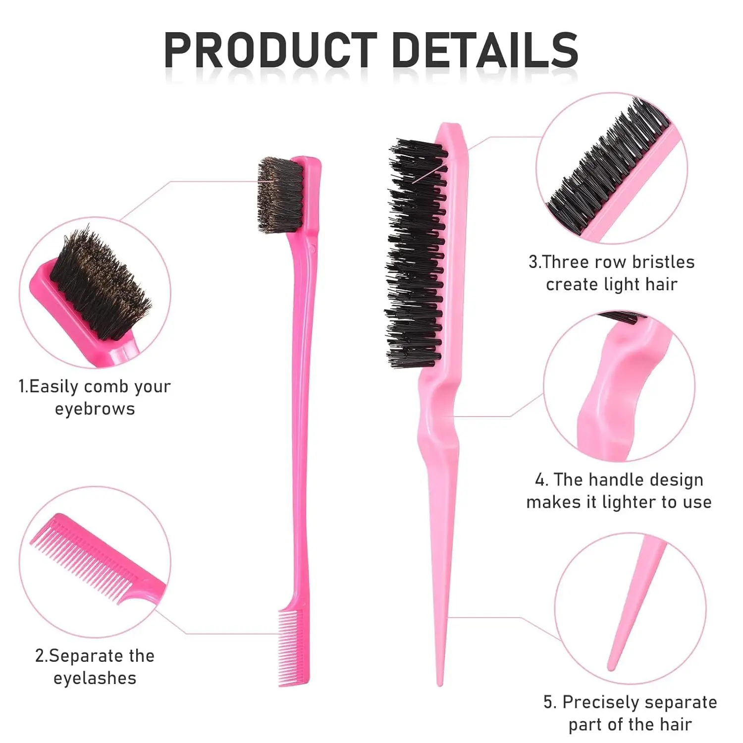 This 10-piece hair styling set includes tail combs, braiding tools, edge brush, hair brush, and alligator clips for creating various hairstyles.