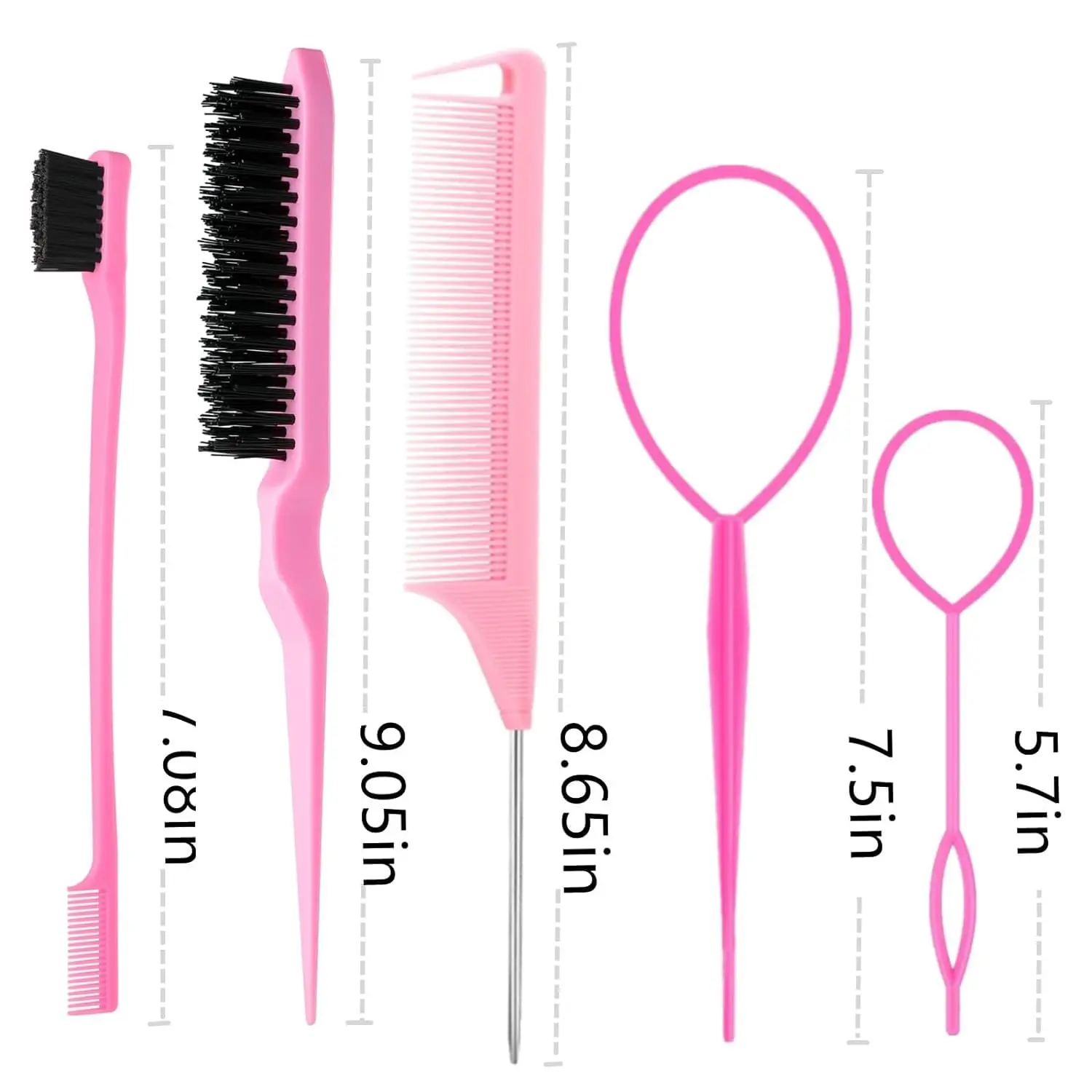 This 10-piece hair styling set includes tail combs, braiding tools, edge brush, hair brush, and alligator clips for creating various hairstyles.