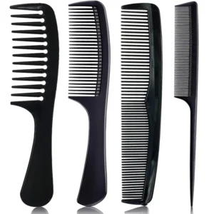 This set of four black carbon fiber hair combs are heat resistant, anti-static, and durable, ideal for salon styling and everyday use for both men and women.