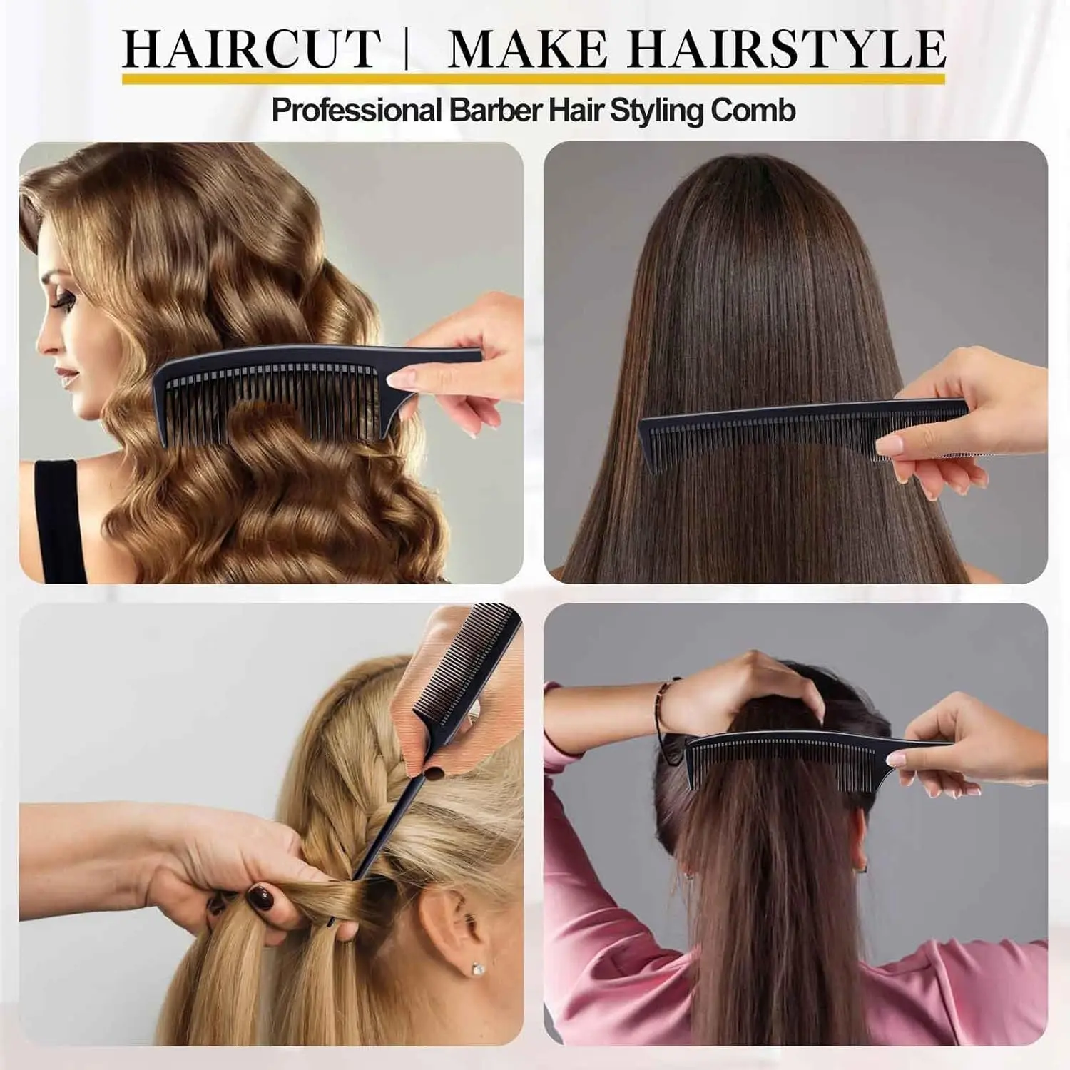 This set of four black carbon fiber hair combs are heat resistant, anti-static, and durable, ideal for salon styling and everyday use for both men and women.