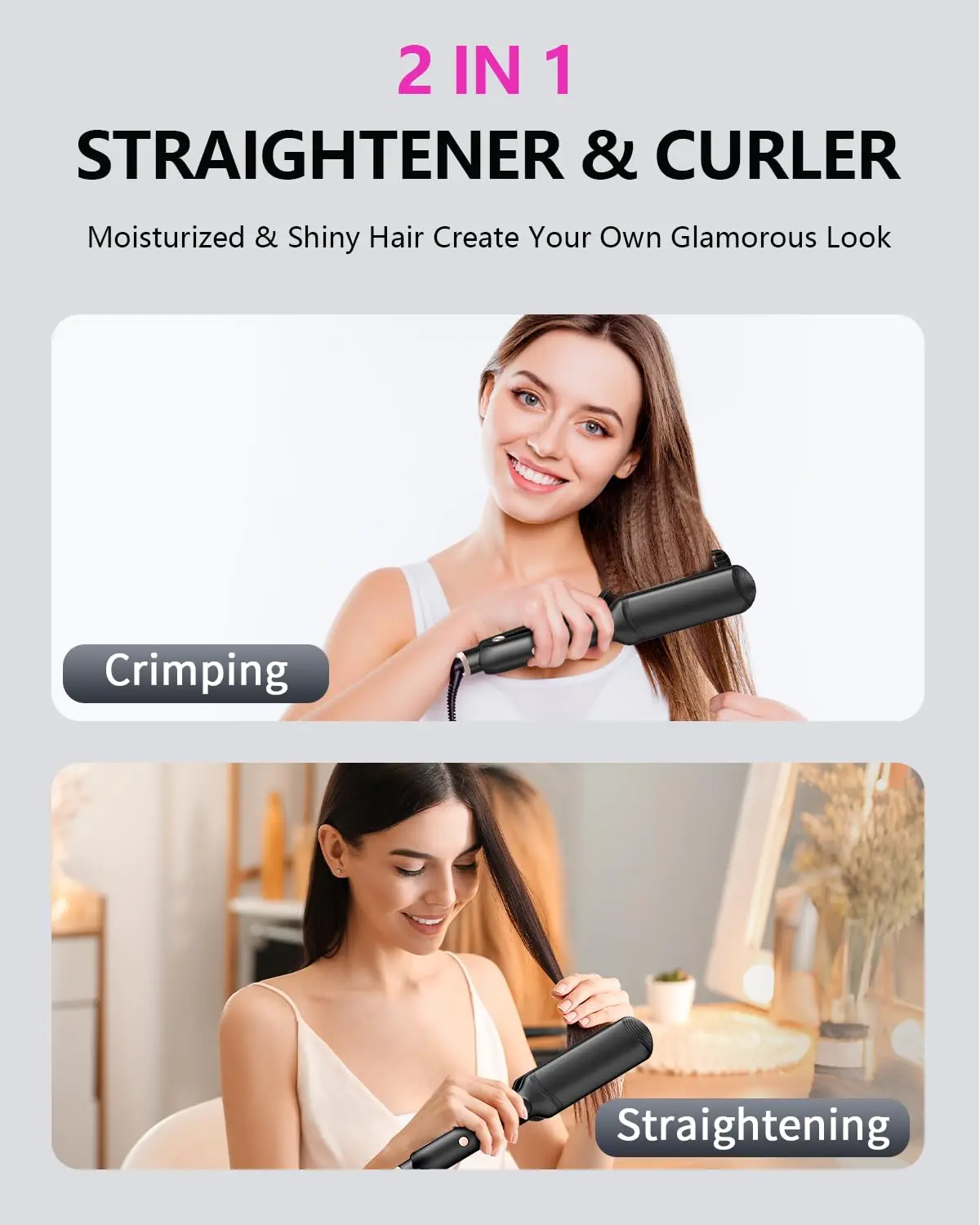 This hair waver crimper features four interchangeable ceramic plates for creating different zigzag wave styles, reducing frizz and adding shine for all hair types.