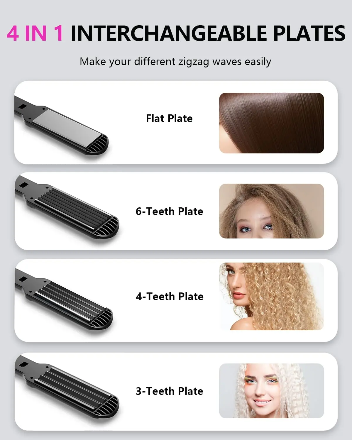 This hair waver crimper features four interchangeable ceramic plates for creating different zigzag wave styles, reducing frizz and adding shine for all hair types.