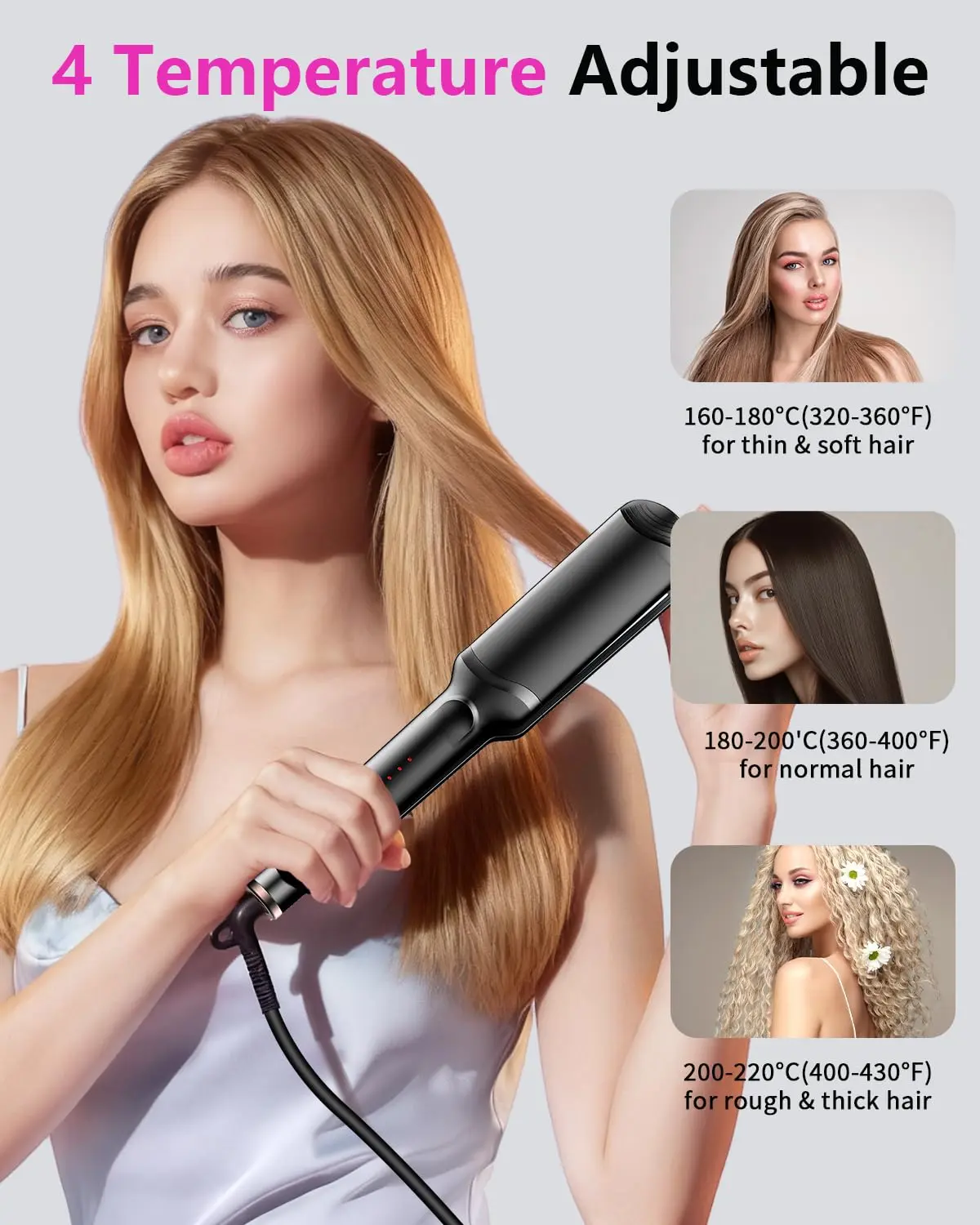 This hair waver crimper features four interchangeable ceramic plates for creating different zigzag wave styles, reducing frizz and adding shine for all hair types.