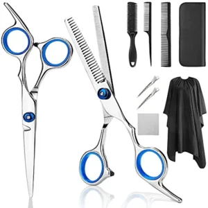 This 9-piece professional hair cutting kit includes straight scissors, thinning shears, hair clips, cape, combs, and a case, perfect for salon or home use for men, women, kids, and even pets.