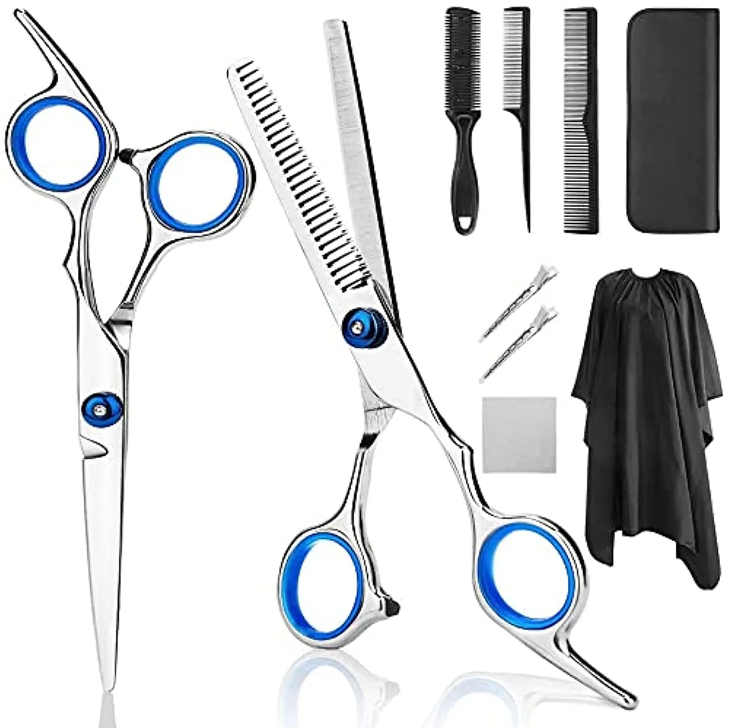 This 9-piece professional hair cutting kit includes straight scissors, thinning shears, hair clips, cape, combs, and a case, perfect for salon or home use for men, women, kids, and even pets.