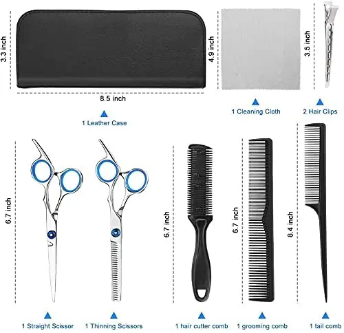 This 9-piece professional hair cutting kit includes straight scissors, thinning shears, hair clips, cape, combs, and a case, perfect for salon or home use for men, women, kids, and even pets.