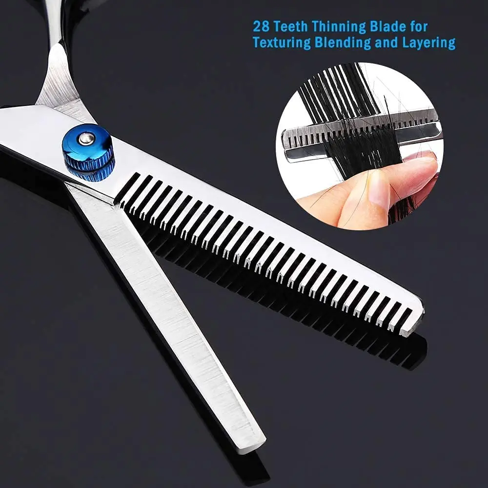 This 9-piece professional hair cutting kit includes straight scissors, thinning shears, hair clips, cape, combs, and a case, perfect for salon or home use for men, women, kids, and even pets.