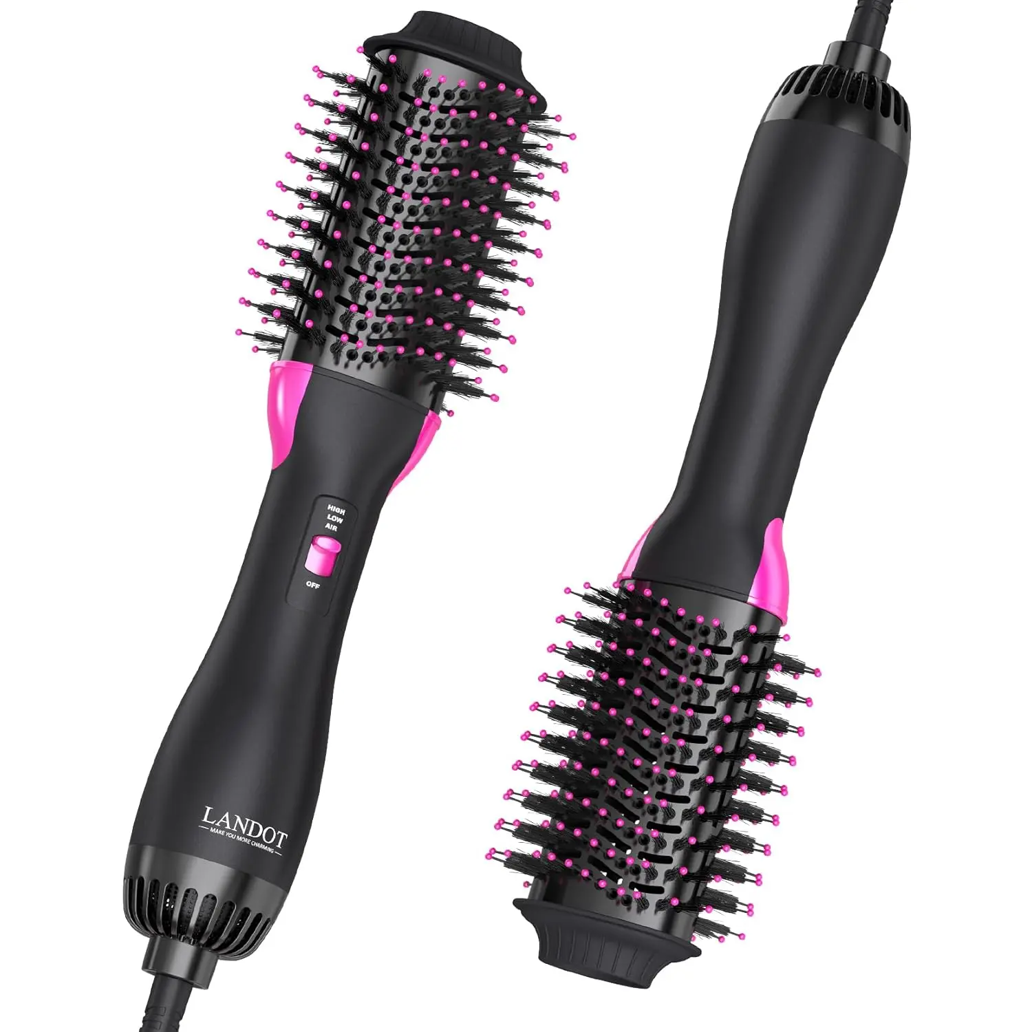 This 2-in-1 hair dryer brush combines ionic and titanium technology to create frizz-free, smooth, and voluminous hair with adjustable heat settings for all hair types.