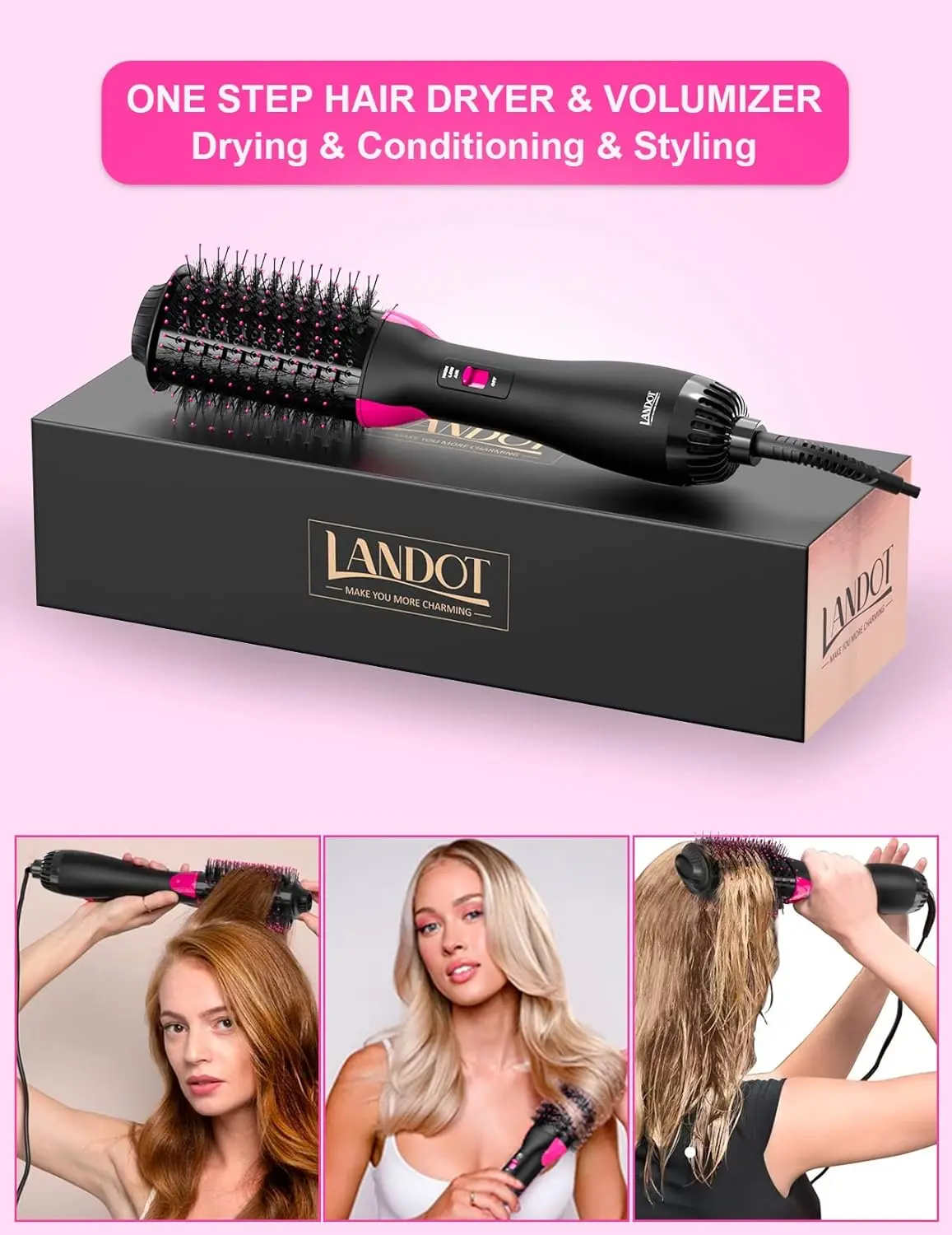 This 2-in-1 hair dryer brush combines ionic and titanium technology to create frizz-free, smooth, and voluminous hair with adjustable heat settings for all hair types.