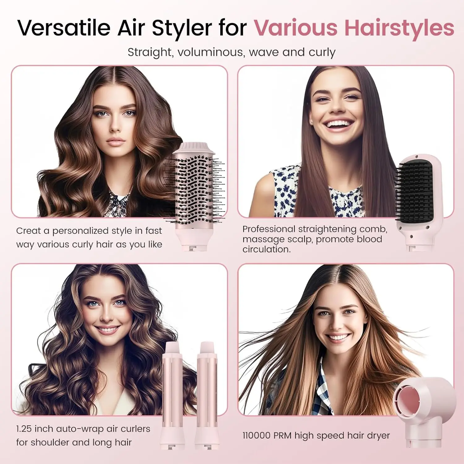 The 5 in 1 hair dryer brush includes attachments for drying, automatic curling, volumizing, and straightening, allowing you to create salon-worthy hairstyles at home.
