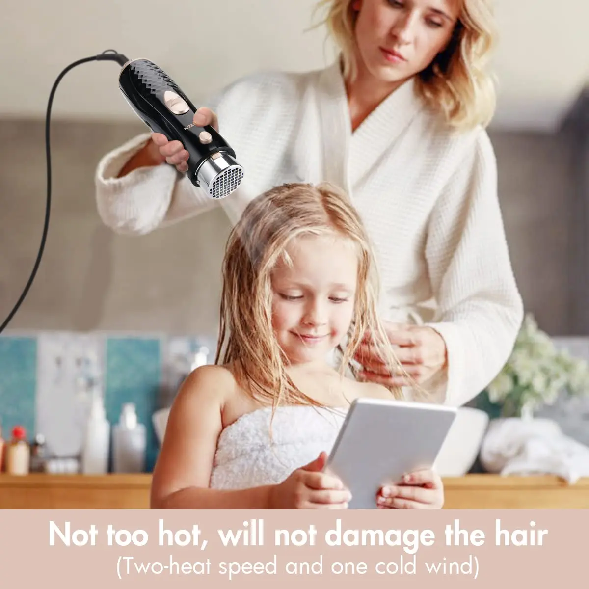 This lightweight hot air brush is a versatile styling tool for drying, straightening, and volumizing hair with adjustable heat and cool settings.