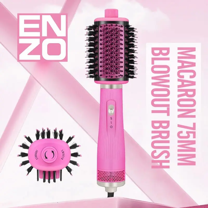 Pink 4-in-1 hair dryer brush with ionic technology for drying, straightening, volumizing and styling hair, featuring a lightweight and ergonomic design.