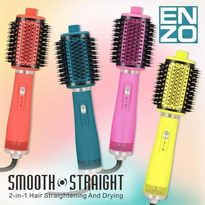 Pink 4-in-1 hair dryer brush with ionic technology for drying, straightening, volumizing and styling hair, featuring a lightweight and ergonomic design.