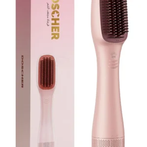 This pink 3-in-1 hair dryer brush and straightener combines a hair dryer, straightener, and hot comb with ionic technology for smooth, shiny, and healthy hair.