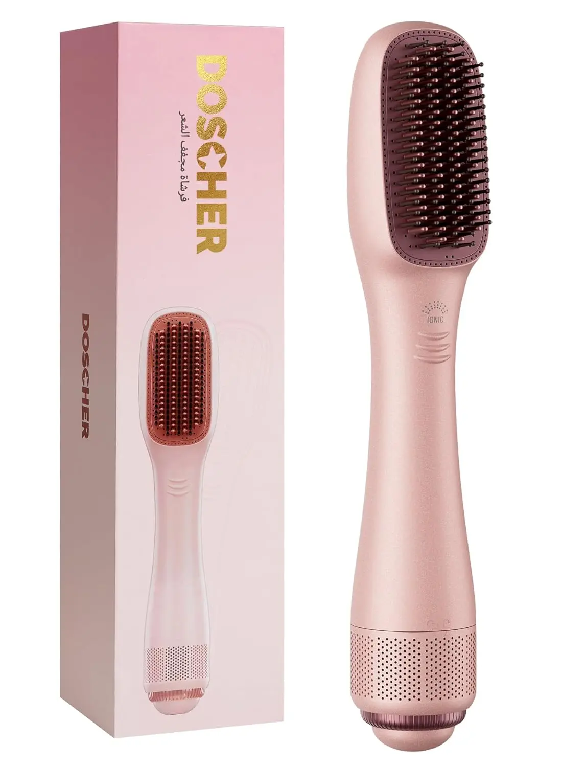This pink 3-in-1 hair dryer brush and straightener combines a hair dryer, straightener, and hot comb with ionic technology for smooth, shiny, and healthy hair.