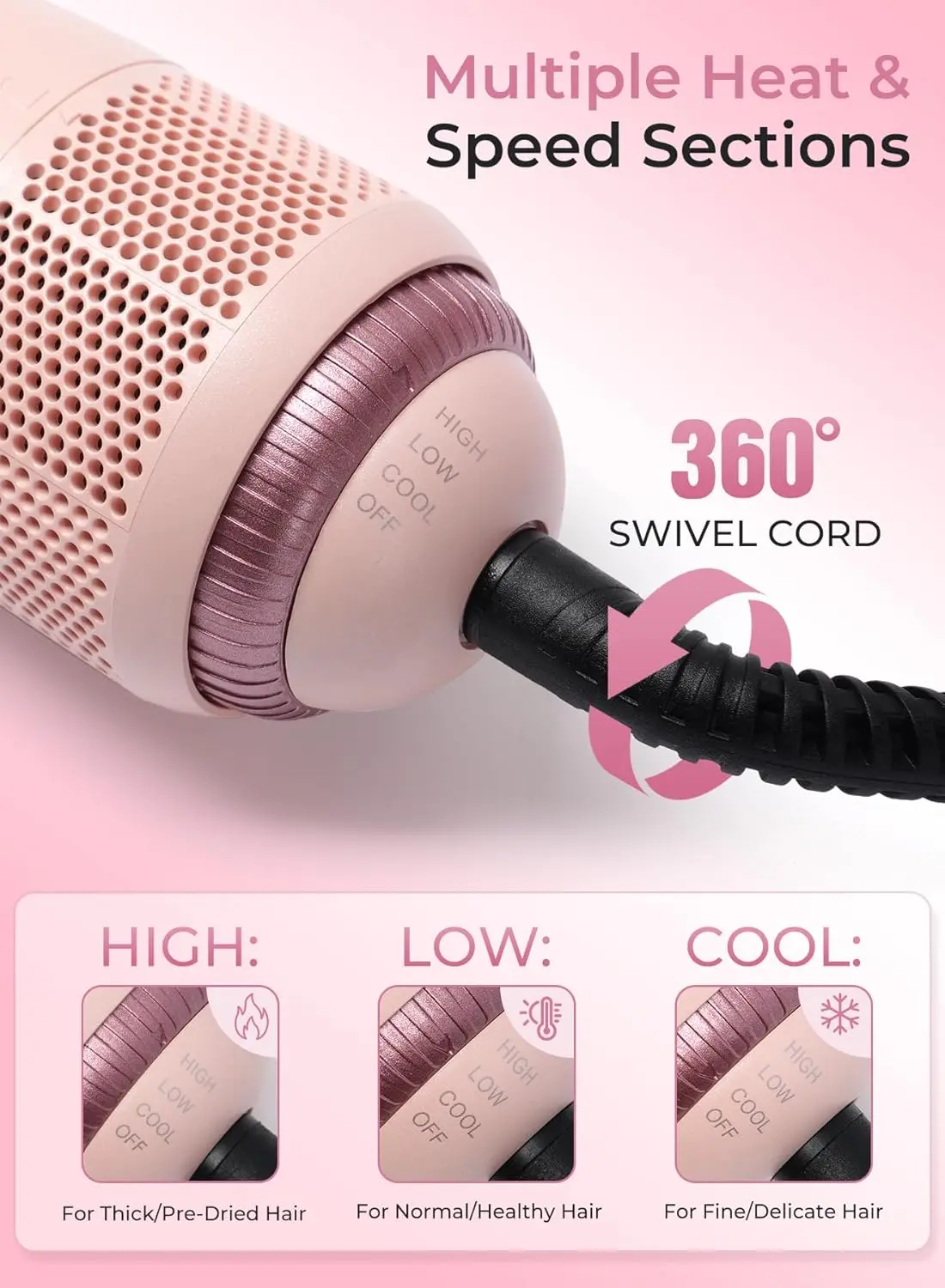This pink 3-in-1 hair dryer brush and straightener combines a hair dryer, straightener, and hot comb with ionic technology for smooth, shiny, and healthy hair.