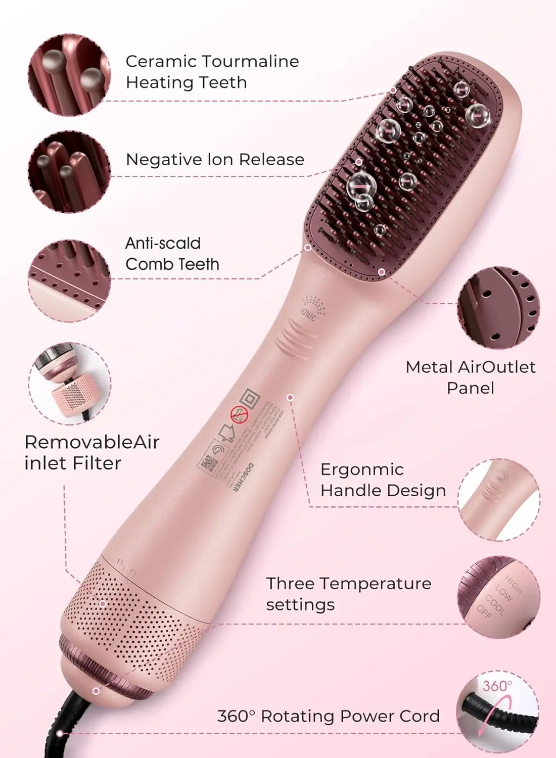 This pink 3-in-1 hair dryer brush and straightener combines a hair dryer, straightener, and hot comb with ionic technology for smooth, shiny, and healthy hair.