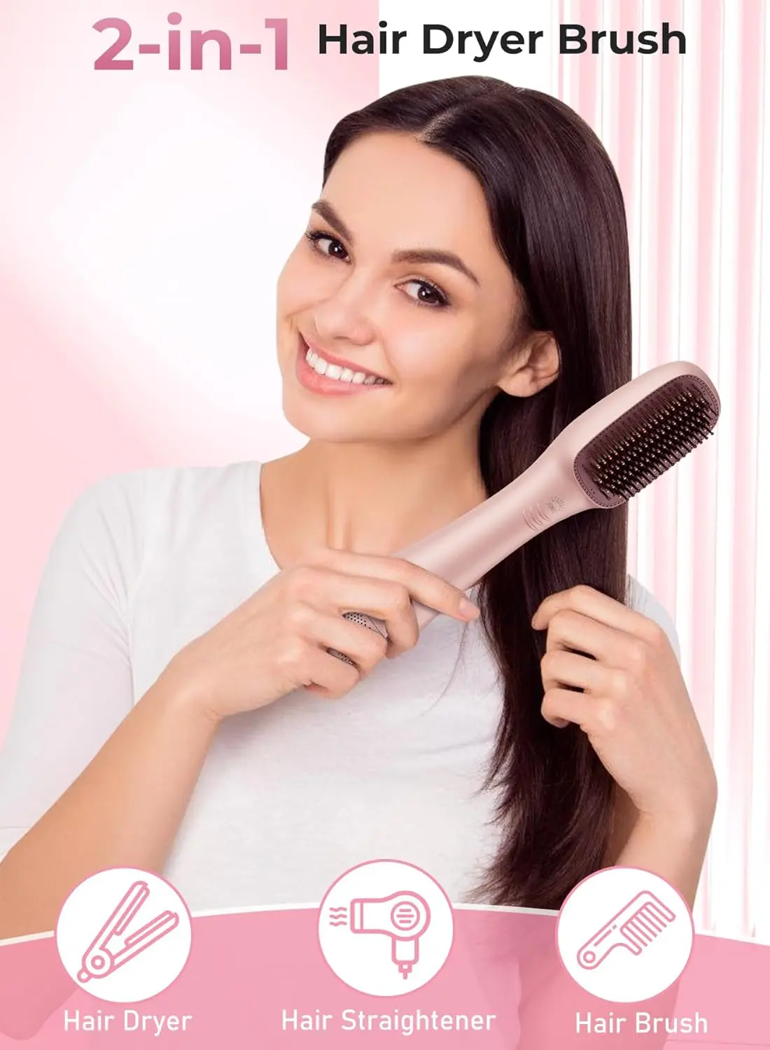 This pink 3-in-1 hair dryer brush and straightener combines a hair dryer, straightener, and hot comb with ionic technology for smooth, shiny, and healthy hair.