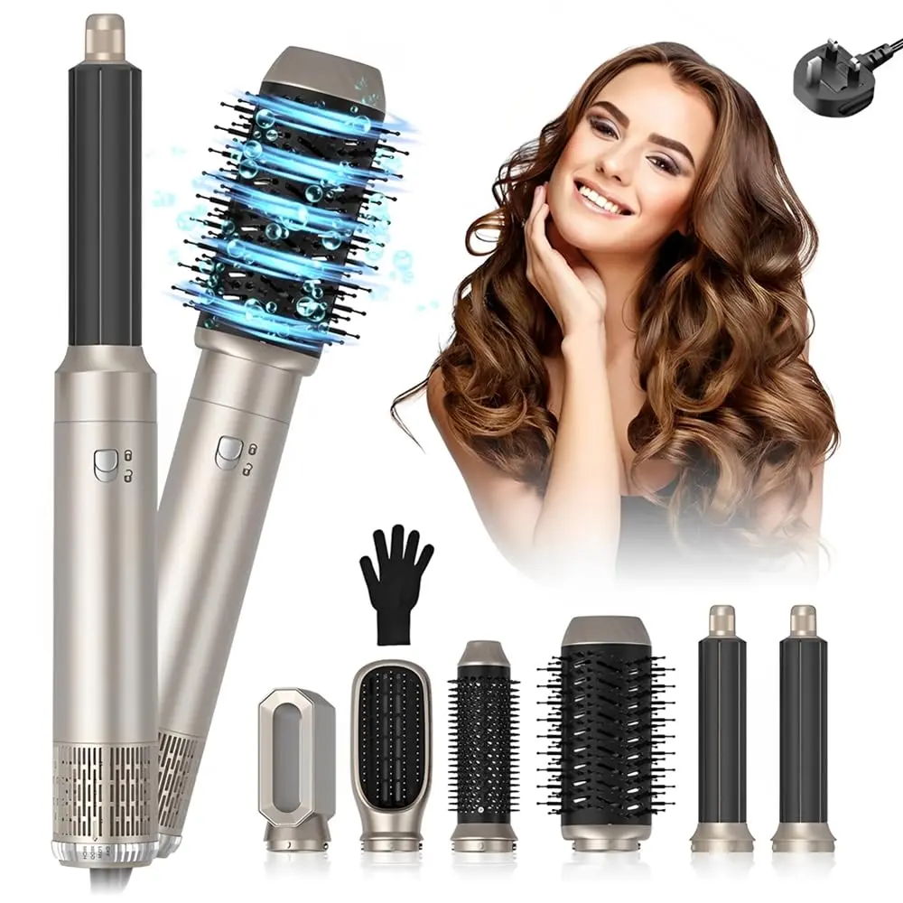 This 6-in-1 hot air brush set includes a hair dryer, straightening brush, curling wands, volumizing brush, and massage brush for versatile hair styling.