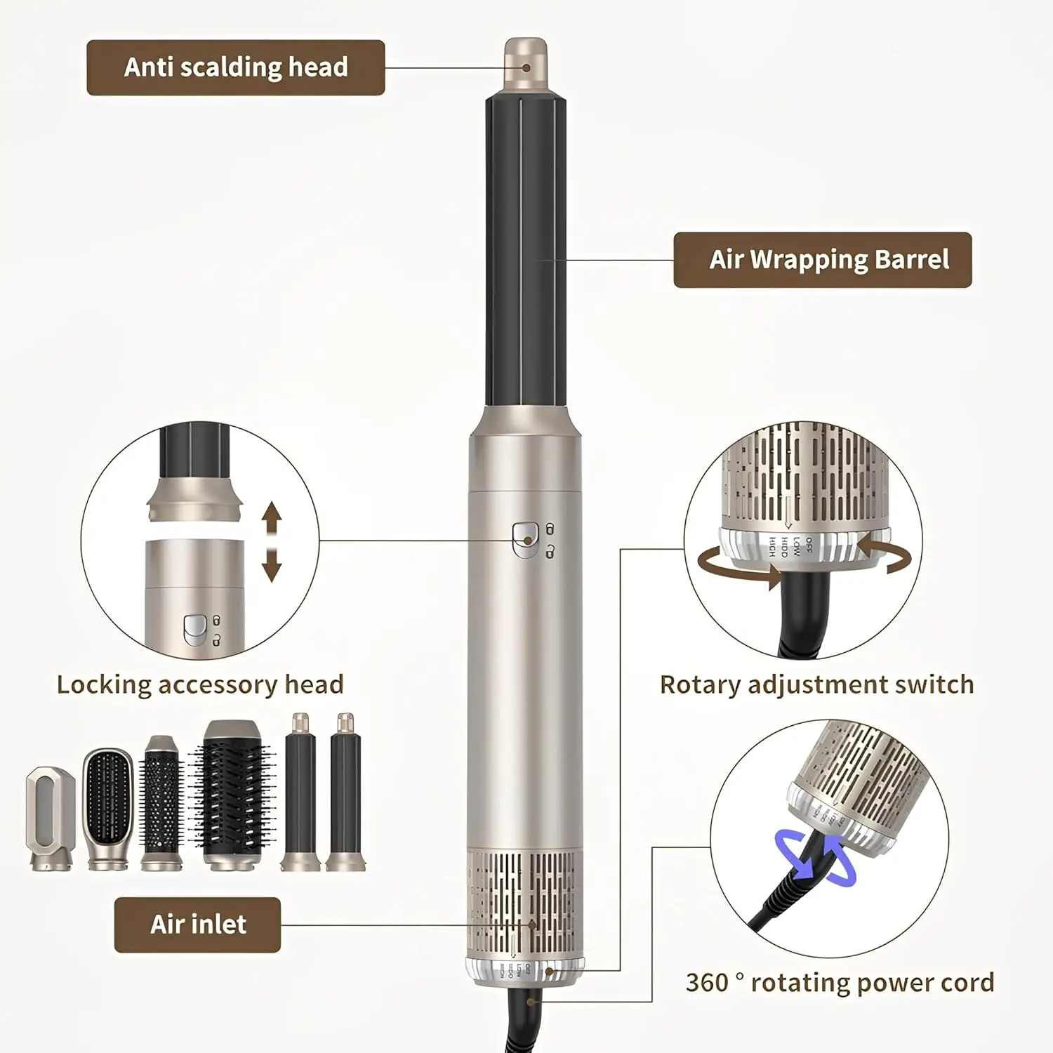 This 6-in-1 hot air brush set includes a hair dryer, straightening brush, curling wands, volumizing brush, and massage brush for versatile hair styling.