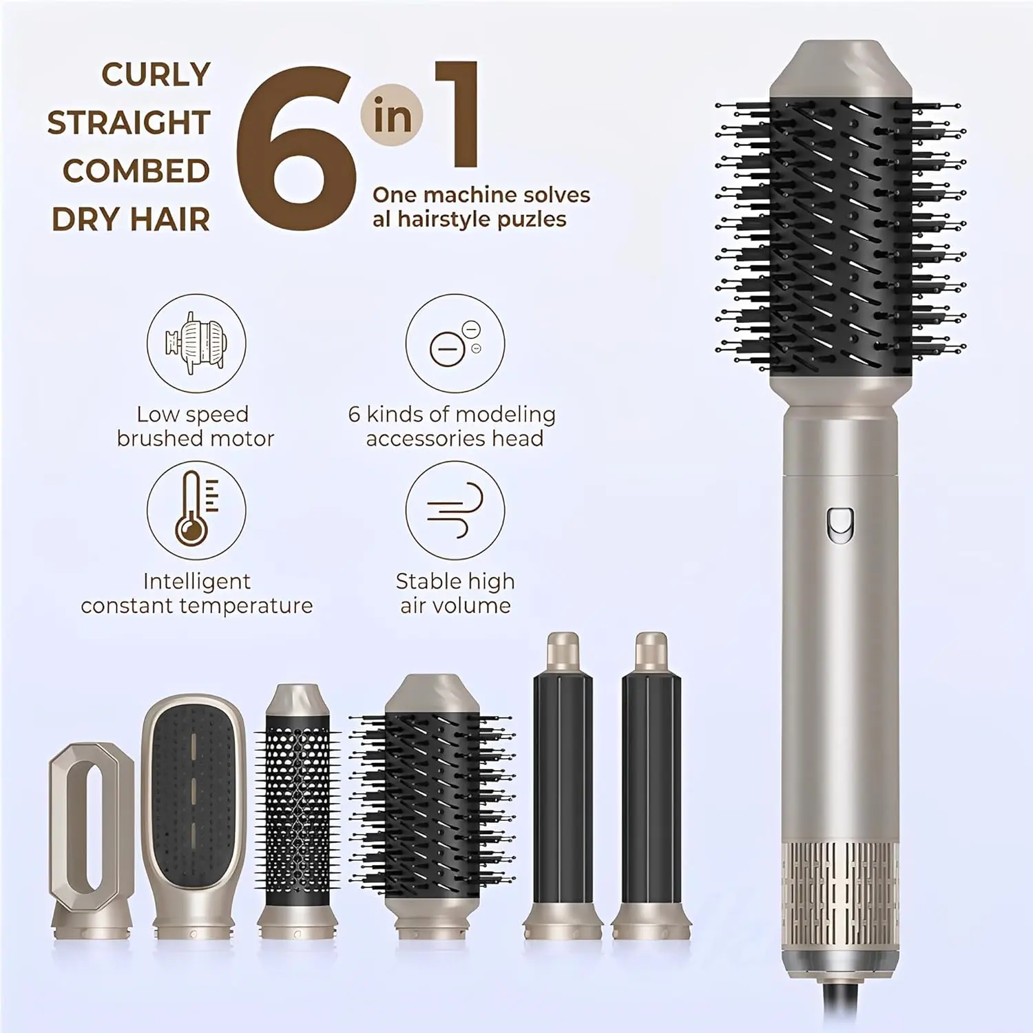 This 6-in-1 hot air brush set includes a hair dryer, straightening brush, curling wands, volumizing brush, and massage brush for versatile hair styling.