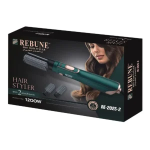 The green 3-in-1 hot air brush combines a hair dryer, straightener, and comb to dry and style hair with adjustable heat and speed settings for all hair types.