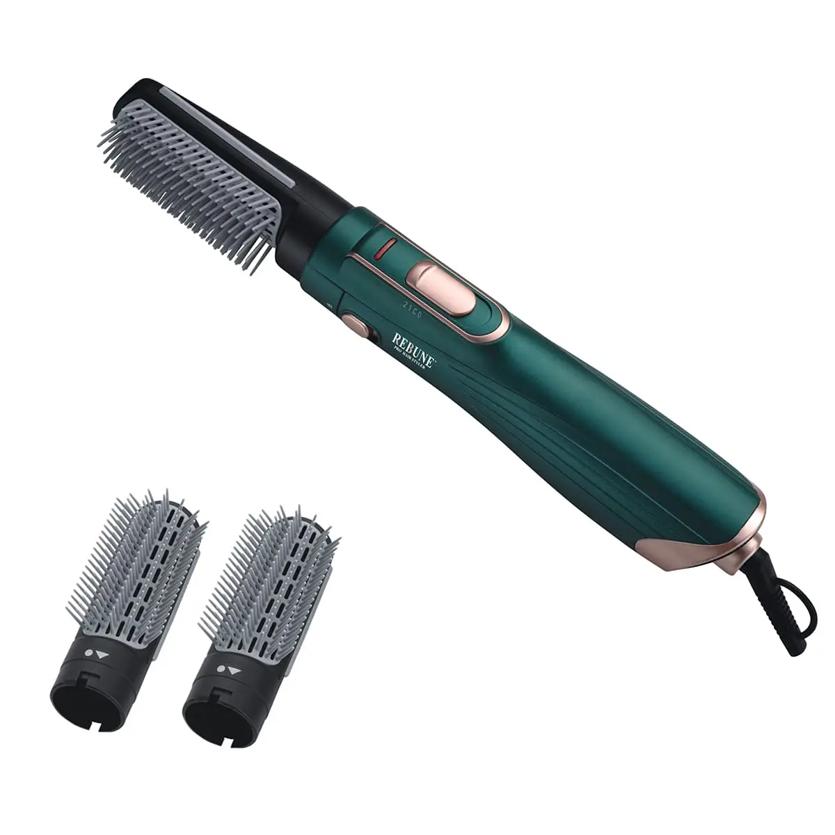 The green 3-in-1 hot air brush combines a hair dryer, straightener, and comb to dry and style hair with adjustable heat and speed settings for all hair types.