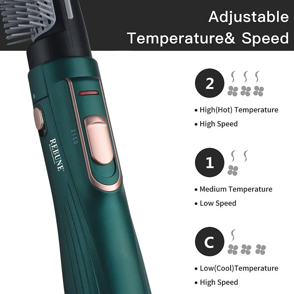 The green 3-in-1 hot air brush combines a hair dryer, straightener, and comb to dry and style hair with adjustable heat and speed settings for all hair types.