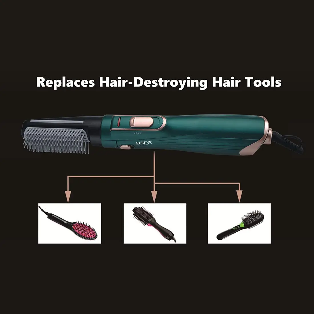 The green 3-in-1 hot air brush combines a hair dryer, straightener, and comb to dry and style hair with adjustable heat and speed settings for all hair types.