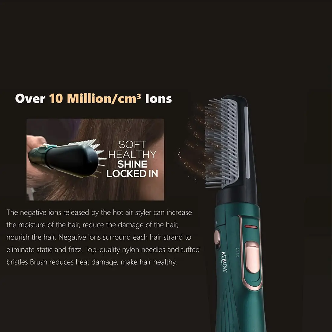 The green 3-in-1 hot air brush combines a hair dryer, straightener, and comb to dry and style hair with adjustable heat and speed settings for all hair types.