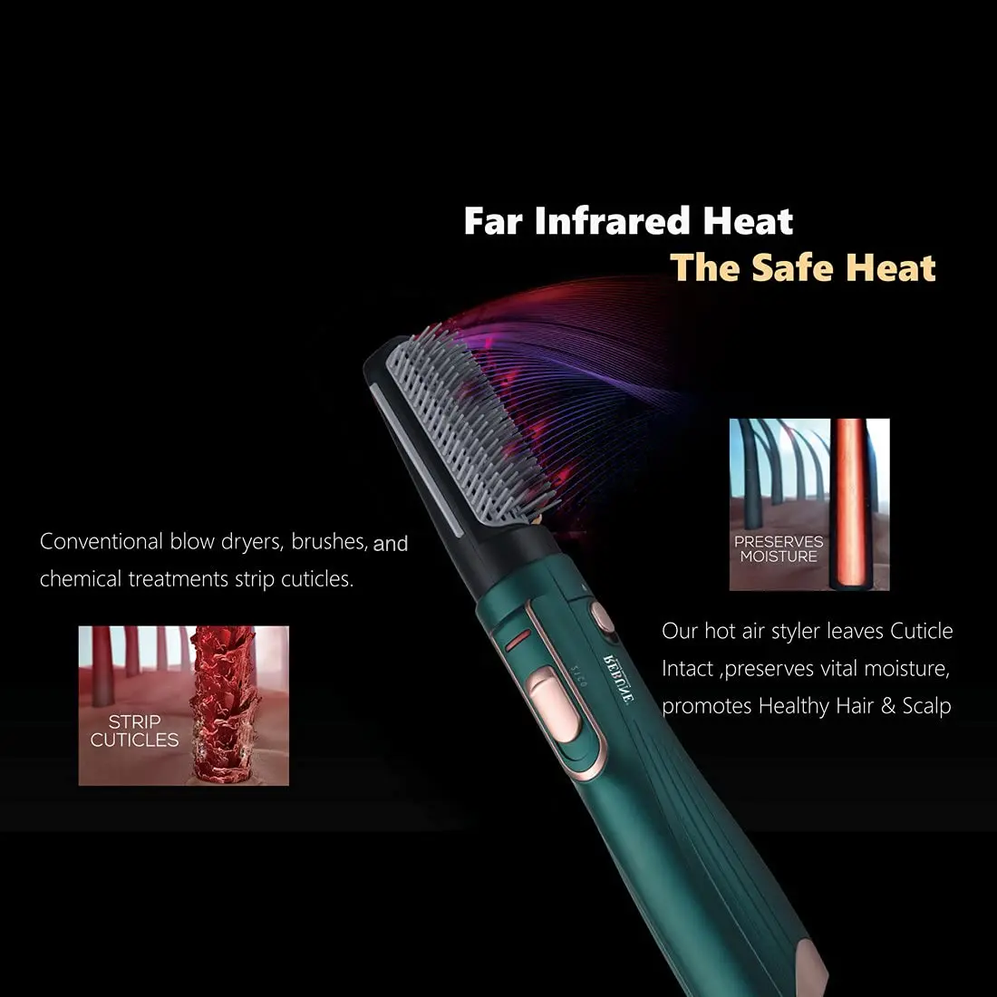 The green 3-in-1 hot air brush combines a hair dryer, straightener, and comb to dry and style hair with adjustable heat and speed settings for all hair types.