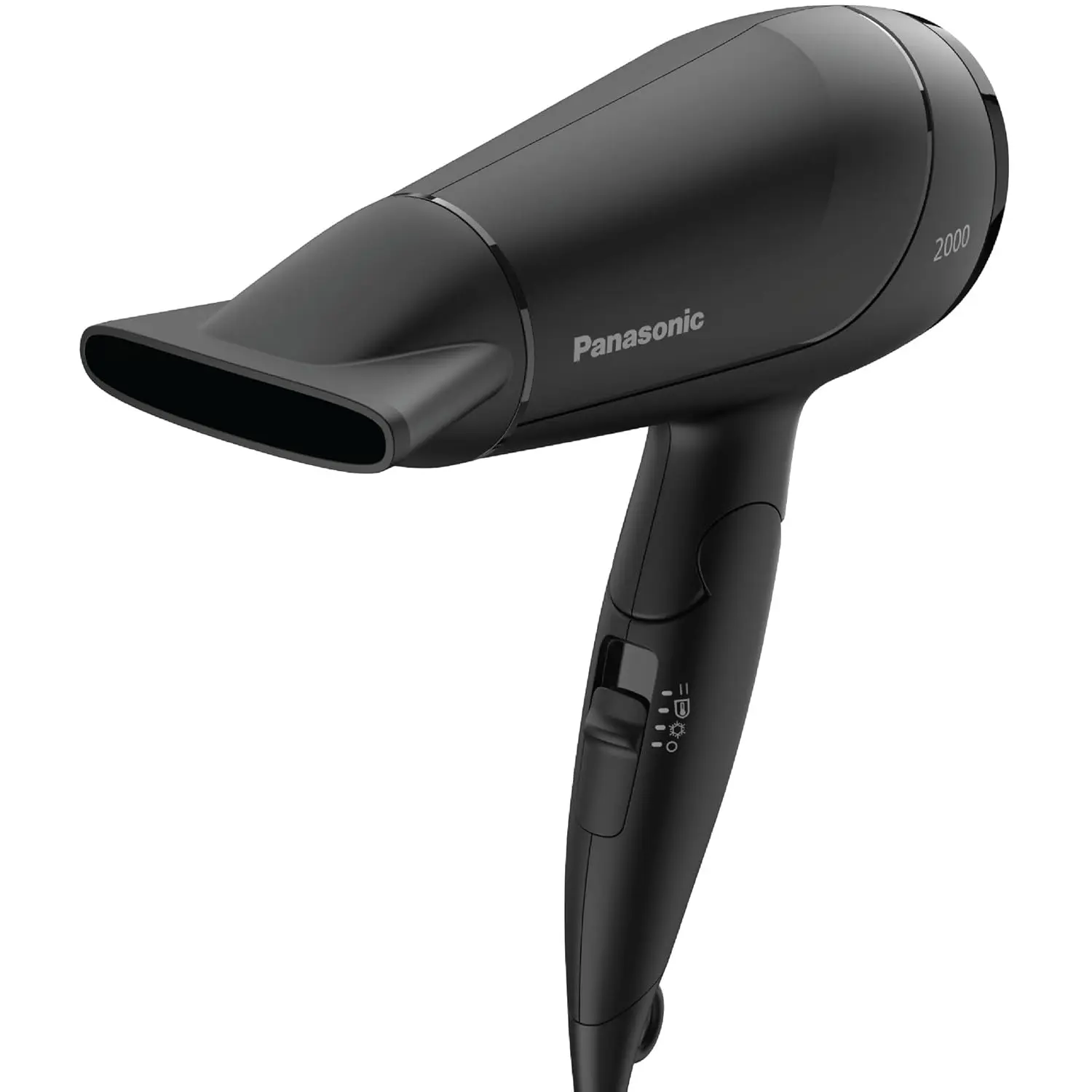 Black Panasonic hair dryer with heat protection mode, a styling nozzle, and a foldable handle for easy storage and travel.