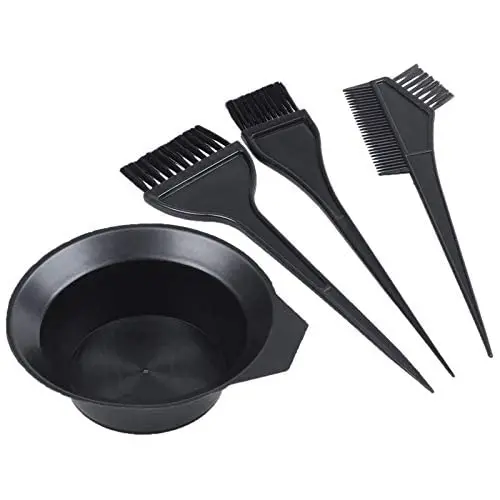 This four-piece black hair dye kit includes brushes, a comb, and a mixing bowl, perfect for salon or home hair coloring and treatments.