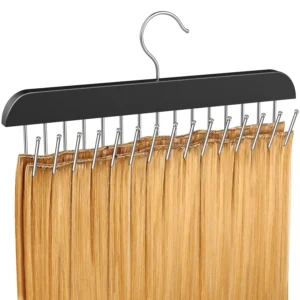 This black hair extension holder features 15 rotating hooks for easy organization, styling, and air drying of various hair extension styles in your home or salon.