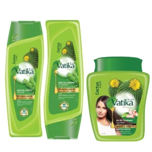 Vatika hair fall control value pack with shampoo, conditioner, and hot oil treatment for thinning and weak hair, formulated with natural cactus, ghergir and garlic extracts to strengthen and nourish.