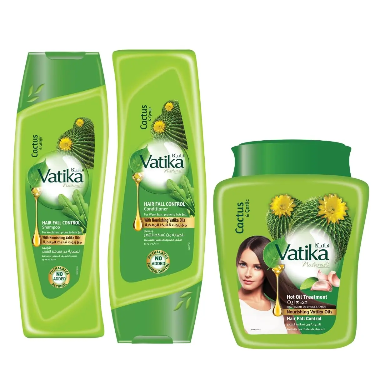 Vatika hair fall control value pack with shampoo, conditioner, and hot oil treatment for thinning and weak hair, formulated with natural cactus, ghergir and garlic extracts to strengthen and nourish.