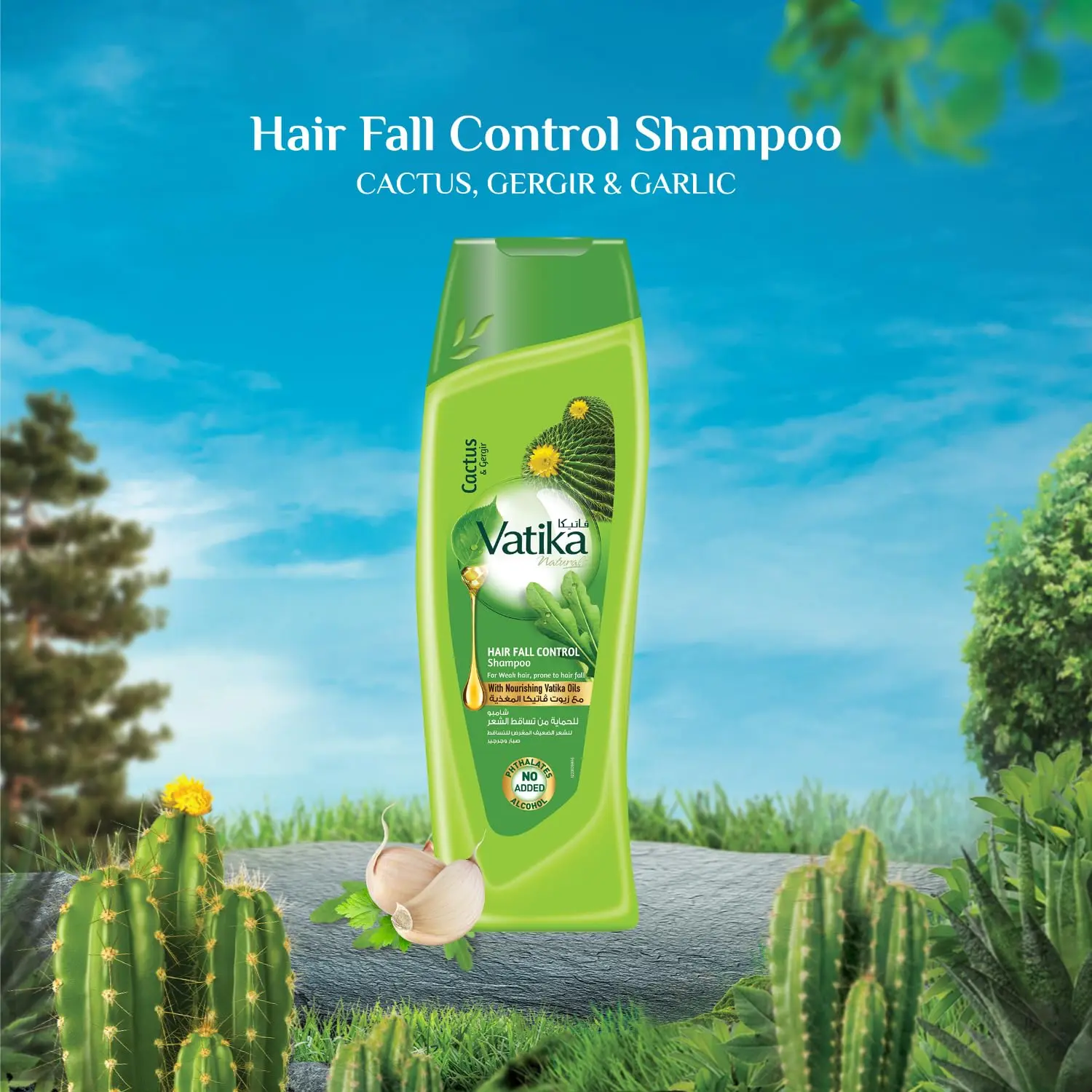 Vatika hair fall control value pack with shampoo, conditioner, and hot oil treatment for thinning and weak hair, formulated with natural cactus, ghergir and garlic extracts to strengthen and nourish.