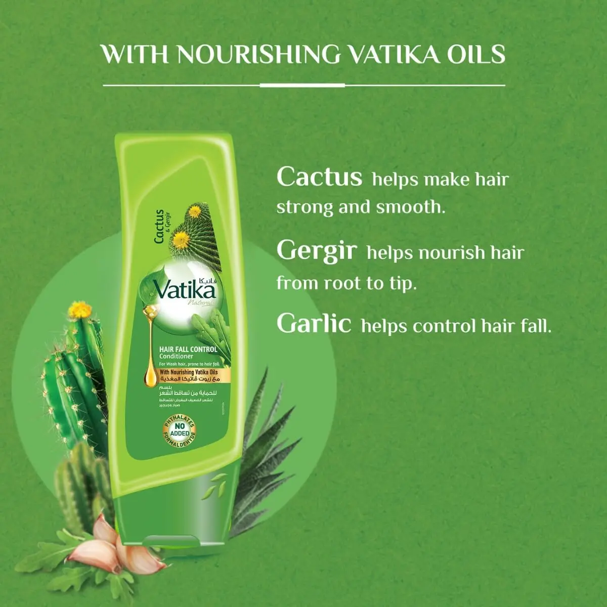Vatika hair fall control value pack with shampoo, conditioner, and hot oil treatment for thinning and weak hair, formulated with natural cactus, ghergir and garlic extracts to strengthen and nourish.