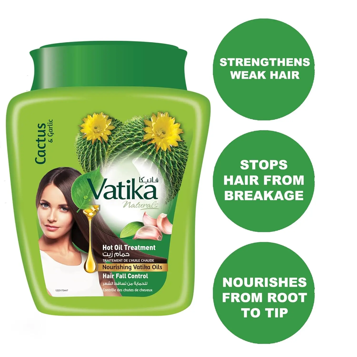 Vatika hair fall control value pack with shampoo, conditioner, and hot oil treatment for thinning and weak hair, formulated with natural cactus, ghergir and garlic extracts to strengthen and nourish.