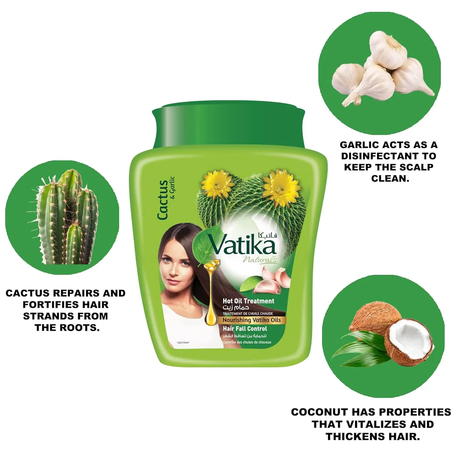 Vatika hair fall control value pack with shampoo, conditioner, and hot oil treatment for thinning and weak hair, formulated with natural cactus, ghergir and garlic extracts to strengthen and nourish.