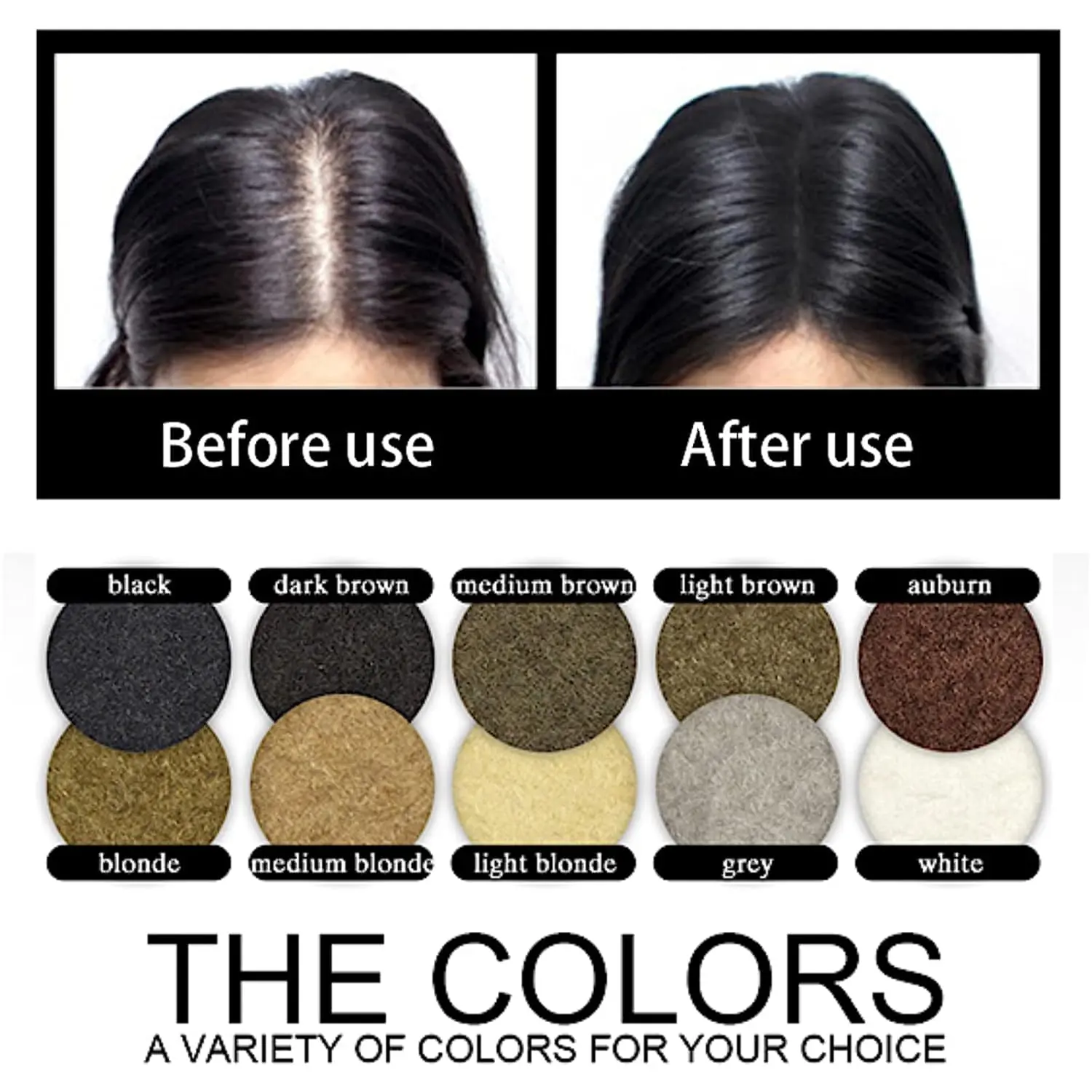 Dark brown hair fiber instantly conceals hair loss and thinning areas, providing a fuller, natural-looking head of hair for men and women.