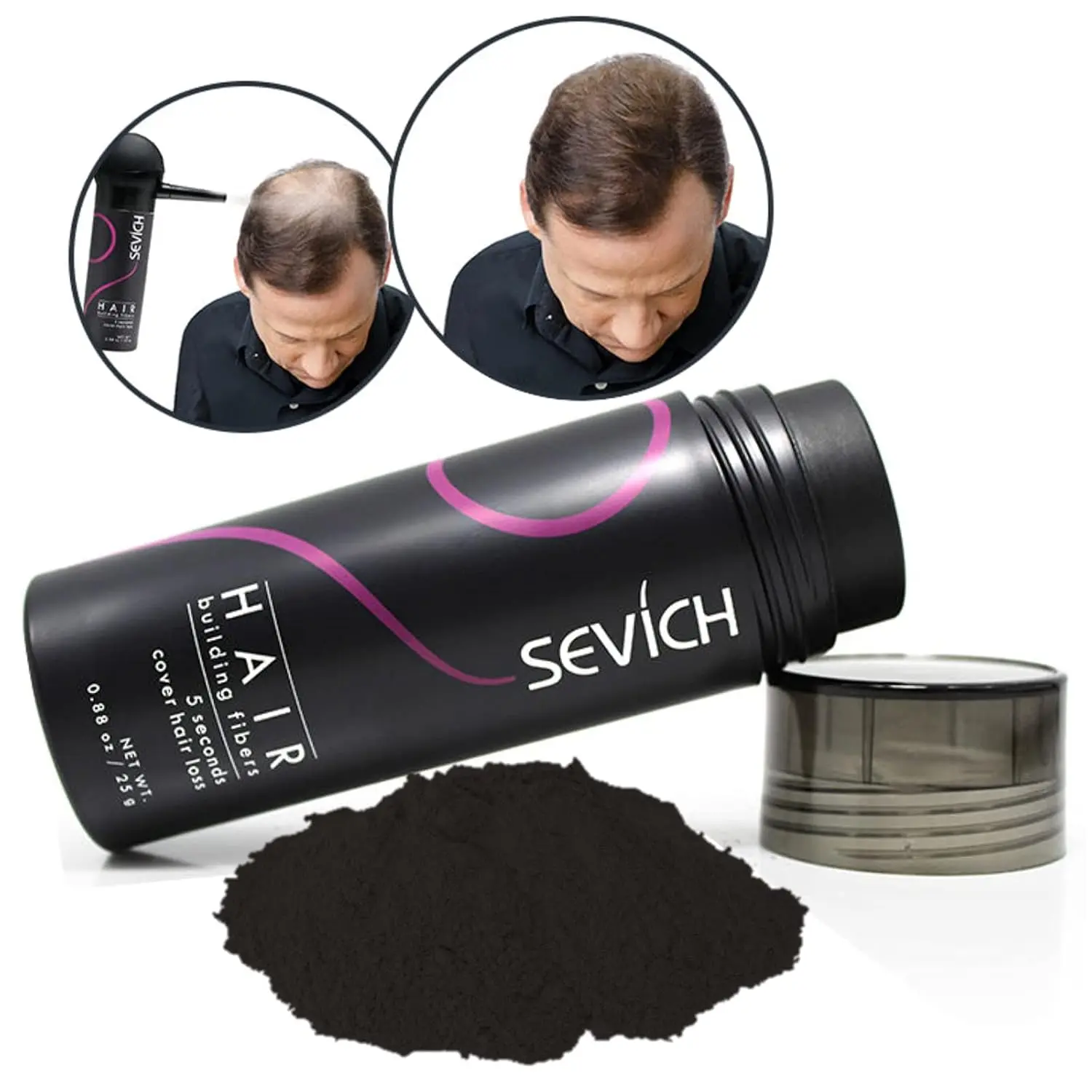 Dark brown hair fiber instantly conceals hair loss and thinning areas, providing a fuller, natural-looking head of hair for men and women.