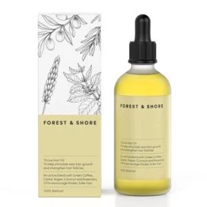 Forest & Shore hair growth oil with rosemary and castor oil promotes natural hair growth and reduces hair loss for thicker, stronger hair.