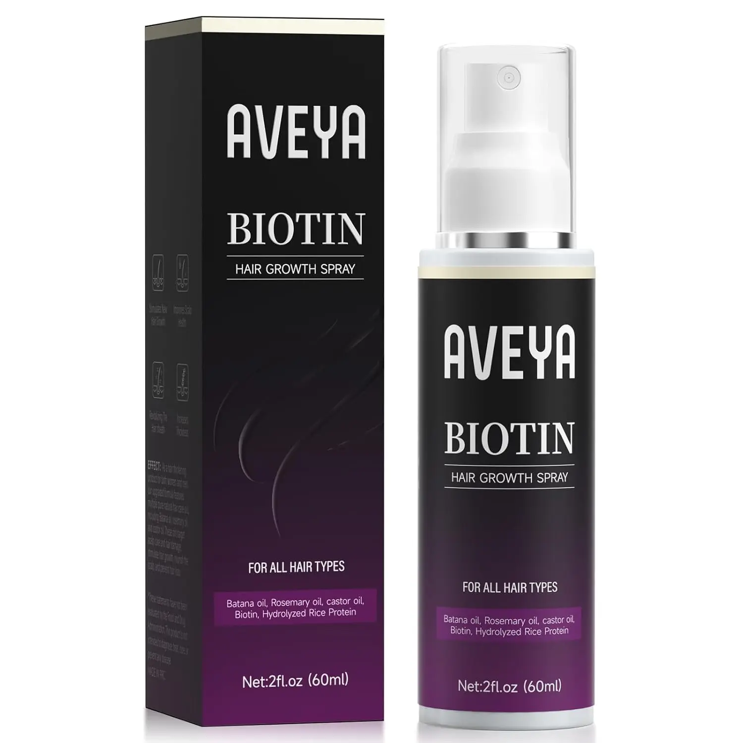A bottle of hair growth spray with rosemary, batana, and biotin, formulated to help strengthen and thicken hair, and prevent hair loss.