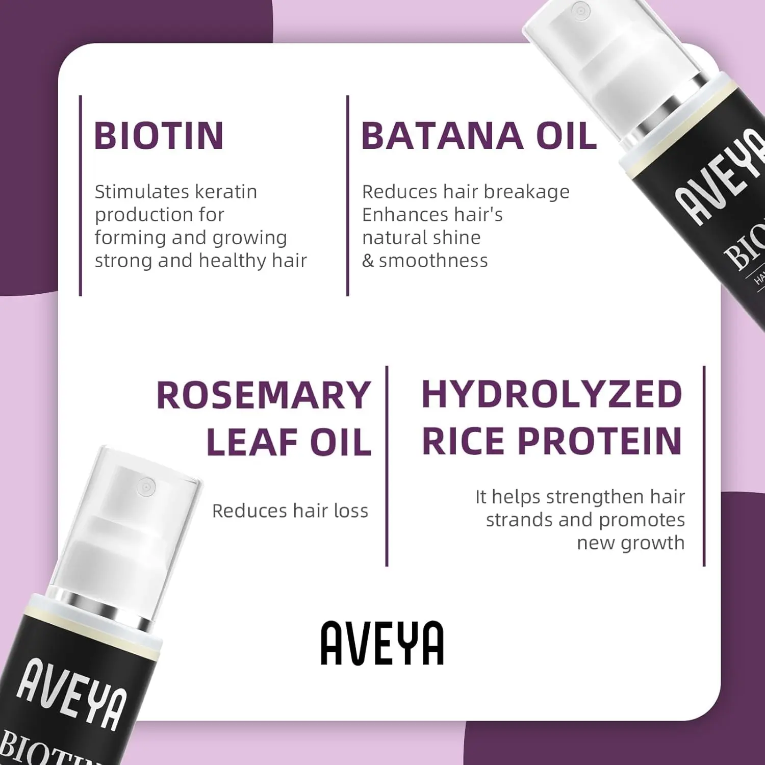 A bottle of hair growth spray with rosemary, batana, and biotin, formulated to help strengthen and thicken hair, and prevent hair loss.